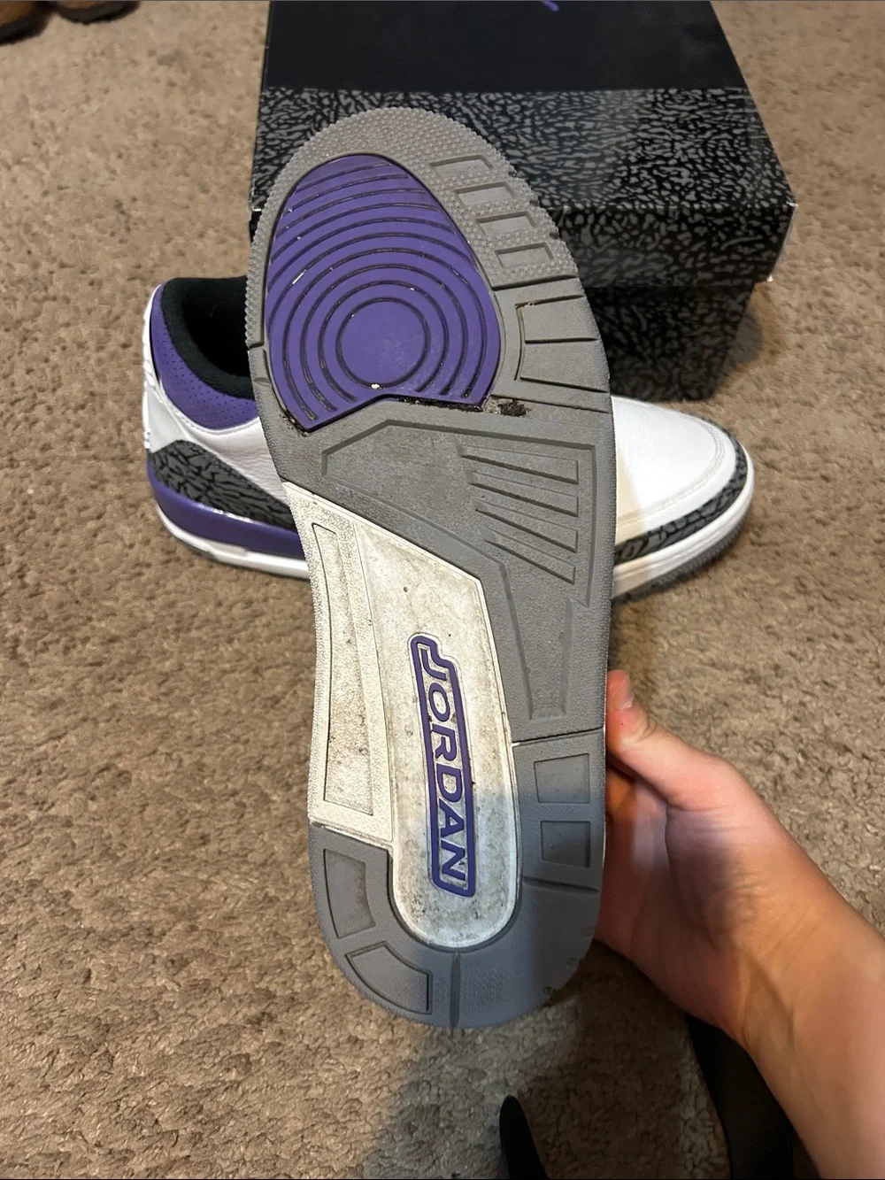 Jordan 3’s White and Purple Leather Basketball Sneakers